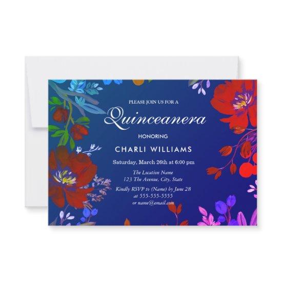 Tropical Colorful Blue Red Quinceanera Invite