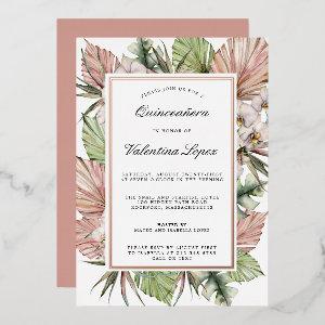 Tropical Dusty Pink White Floral Quinceanera Gold Foil