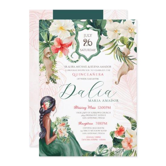Tropical Island Emerald Green Floral Quinceanera