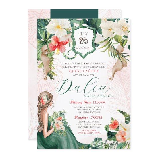 Tropical Leaf Emerald Green Floral Quinceanera