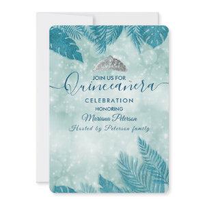 Tropical leaves blue bokeh tiara Quinceañera