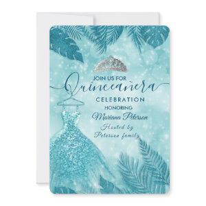 Tropical leaves blue bokeh tiara Quinceañera