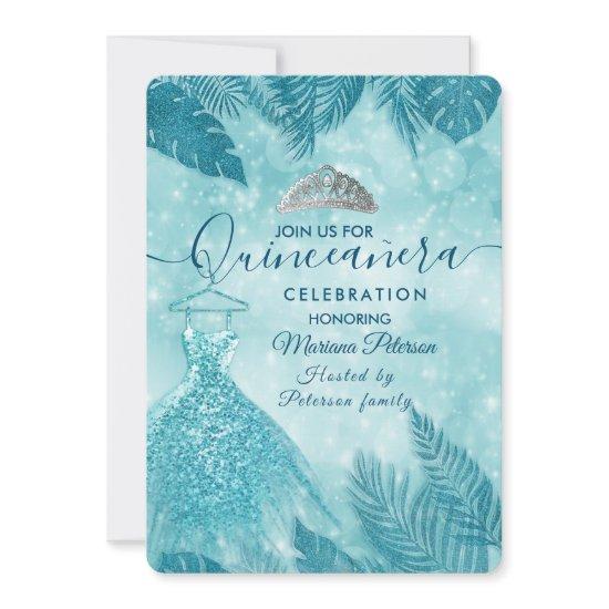 Tropical leaves blue bokeh tiara Quinceañera