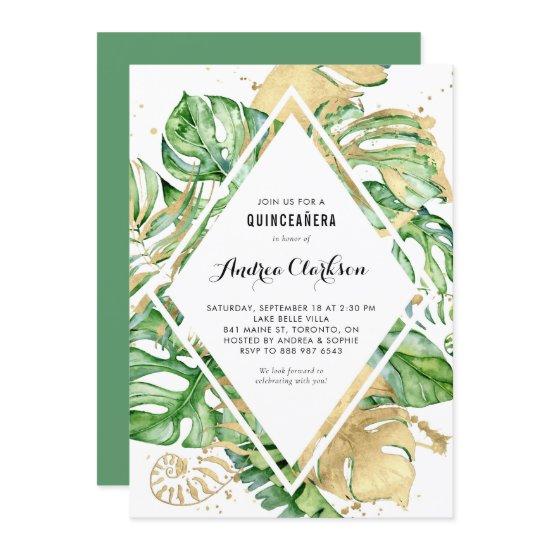 Tropical Leaves Gold Foil Summer Quinceañera