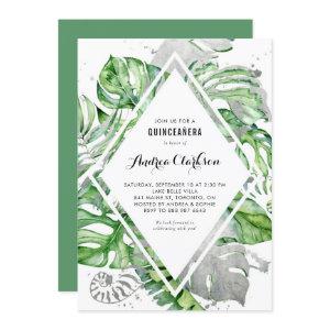 Tropical Leaves Silver Foil Summer Quinceañera