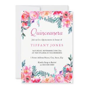 Tropical Pink Floral Watercolor Quinceanera Invite
