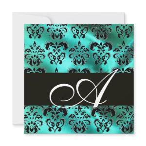 TURQUASE GREEN SILK DAMASK CLOTH MONOGRAM , white