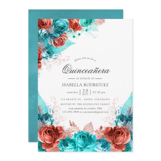 Turquoise and Coral Rustic Floral Quinceañera
