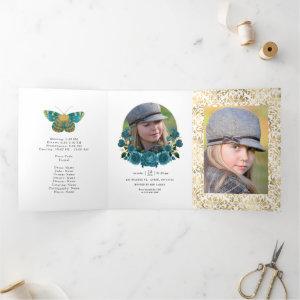 Turquoise and Gold Vintage Floral Quinceañera Tri-Fold
