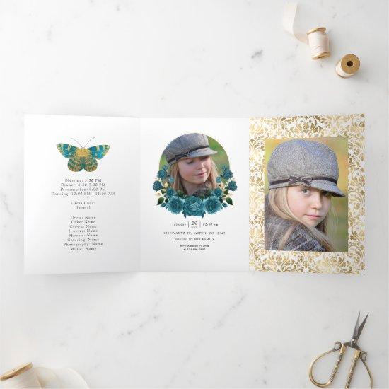 Turquoise and Gold Vintage Floral Quinceañera Tri-Fold