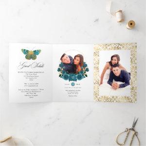 Turquoise and Gold Vintage Floral Wedding Photo Tri-Fold