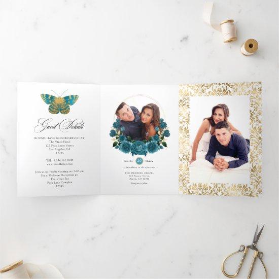 Turquoise and Gold Vintage Floral Wedding Photo Tri-Fold