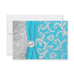 Turquoise and Silver Damask Quinceanera RSVP Card
