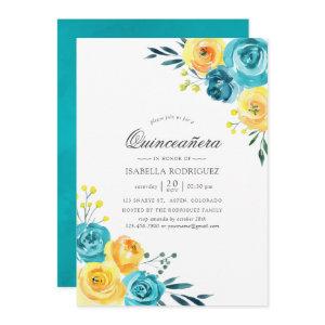 Turquoise and Yellow Watercolor Floral Quinceañera