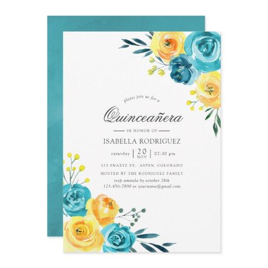 Turquoise and Yellow Watercolor Floral Quinceañera
