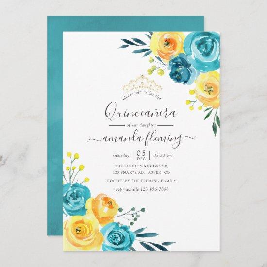 Turquoise and Yellow Watercolor Floral Quinceañera