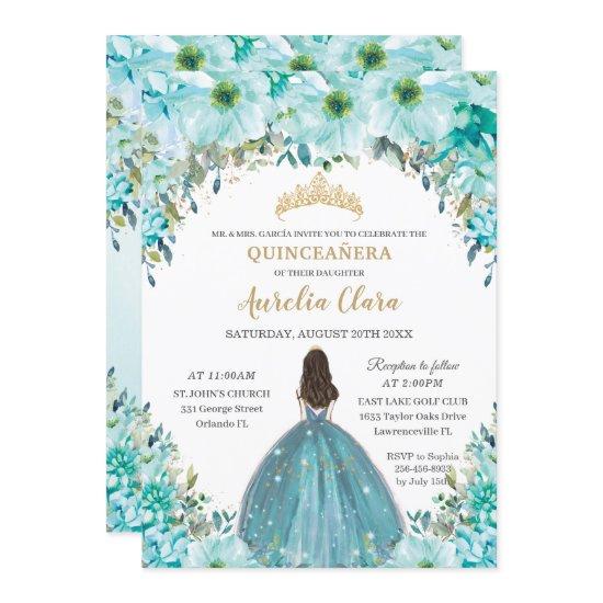 Turquoise Blue Floral Princess Crown Quinceañera