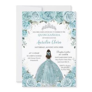 Turquoise Blue Floral Princess Silver Quinceañera