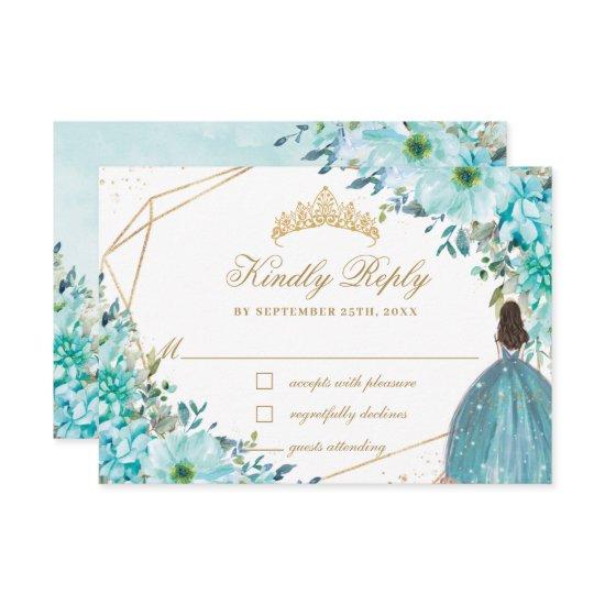 Turquoise Blue Floral Quinceañera Gold Princess RSVP Card