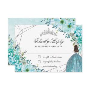 Turquoise Blue Floral Quinceañera Silver Princess RSVP Card