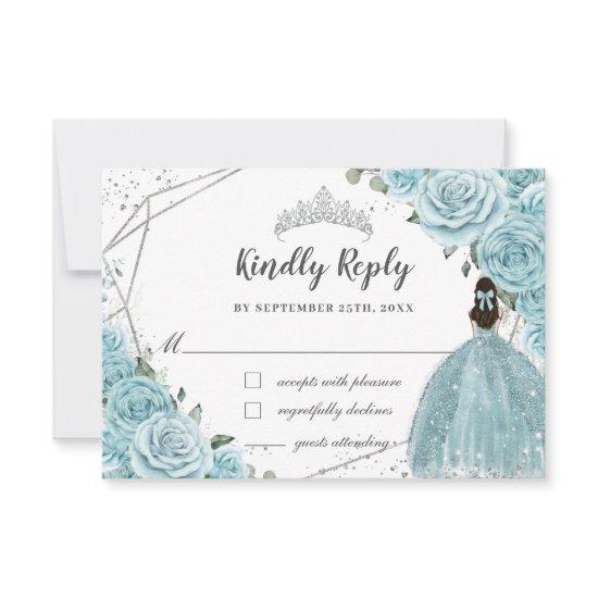 Turquoise Blue Floral Silver Quinceañera Princess RSVP Card
