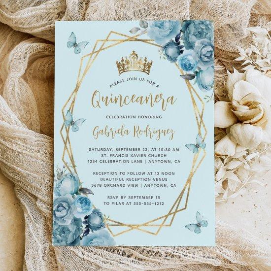 Turquoise Blue Gold Geometric Floral Quinceañera