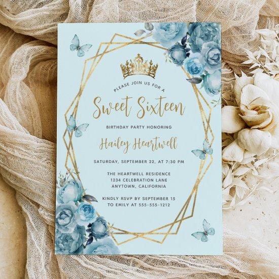 Turquoise Blue Gold Geometric Floral Sweet 16