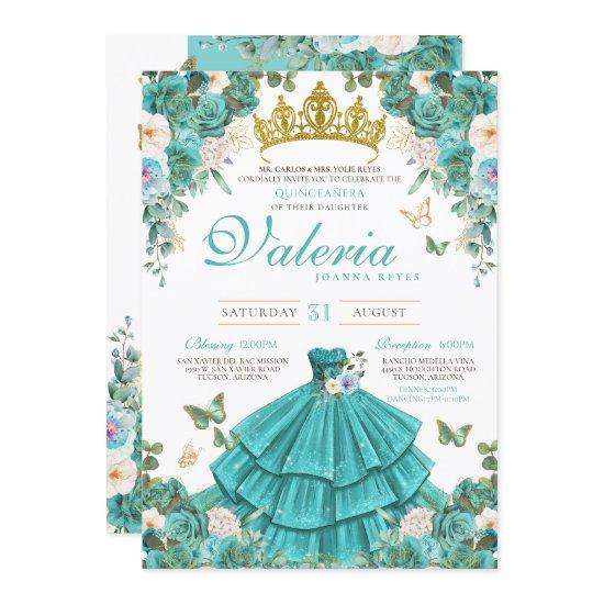 Turquoise Blue Rose Butterfly Princess Quinceanera