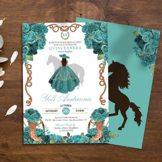 Turquoise Blue Rose Charra Vestidos Quinceanera