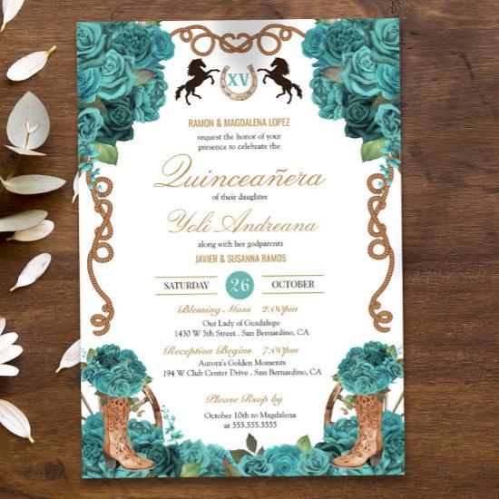 Turquoise Blue Rose Western Charro Quinceanera