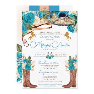 Turquoise Blue Roses Fancy Charro Quinceanera