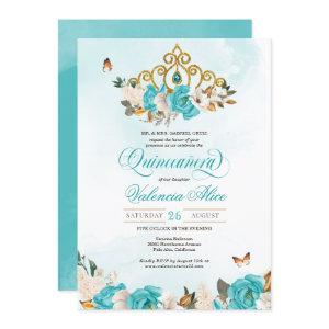Turquoise Blue Roses Gold Tiara Butterfly Quince