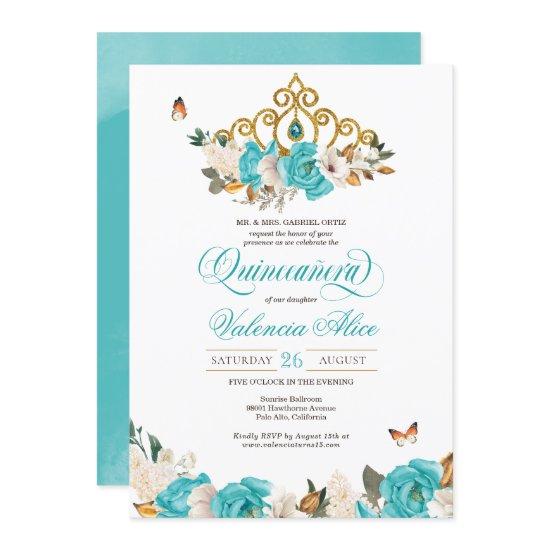 Turquoise Blue Roses Golden Tiara Butterfly Quince