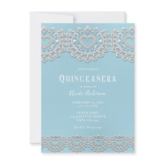 Turquoise Blue White Lace Heart Quinceañera Party