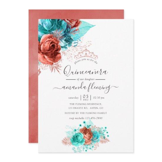 Turquoise & Coral Watercolor Floral Quinceañera