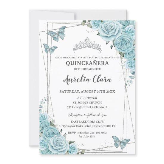 Turquoise Floral Butterflies Silver Quinceañera