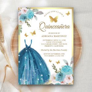 Turquoise Floral Dress Butterfly Gold Quinceanera