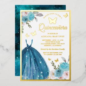 Turquoise Floral Dress Butterfly Quinceanera Gold Foil