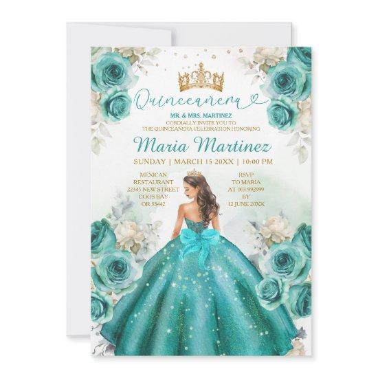 Turquoise Floral Princess Gold Crown Quiñceanera