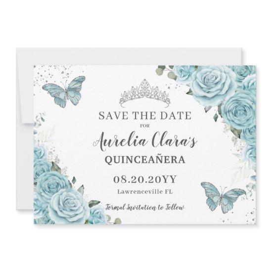 Turquoise Floral Quinceanera Sweet 16 Butterflies Save The Date