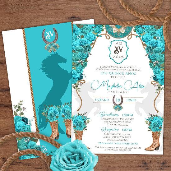 Turquoise Floral Western Charro Ranch Quinceañera