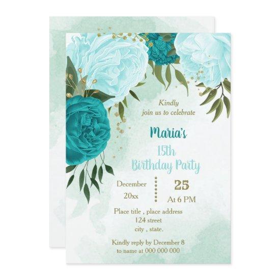 turquoise flowers green leaves birthday