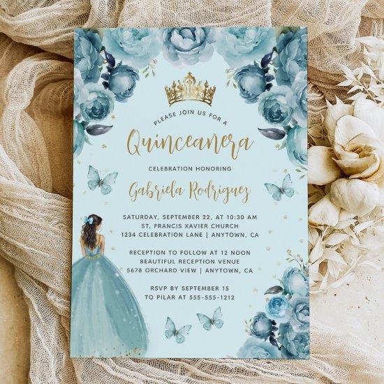 Turquoise Gold Floral Watercolor Quinceañera
