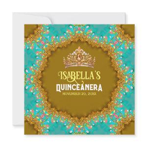 Turquoise Gold Satin Lace & Tiara Quinceañera