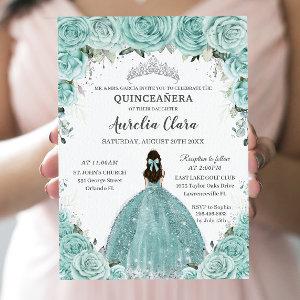 Turquoise Green Floral Princess Silver Quinceañera