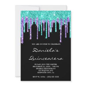 Turquoise Purple Glitter Drips Black Quinceañera