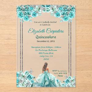 Turquoise Quinceañera Roses and Silver Butterflies Acrylic