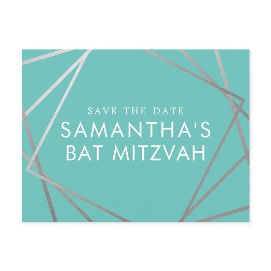 Turquoise Robin Egg Blue Bat Mitzvah Save the Date Announcement Postcard
