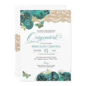 Turquoise Roses and Lace Butterfly Quinceañera Inv