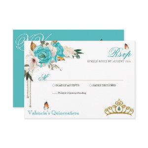 Turquoise Roses Gold Gemstone Tiara Quinceanera RSVP Card